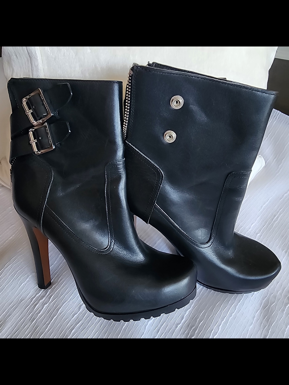 Authentic RACHEL ZOE Black Leather Platform Boots – Back Zip & Moto Details